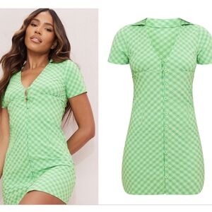 PrettyLittleThing Green Check Print Button Down Polo Bodycon Dress Size 10